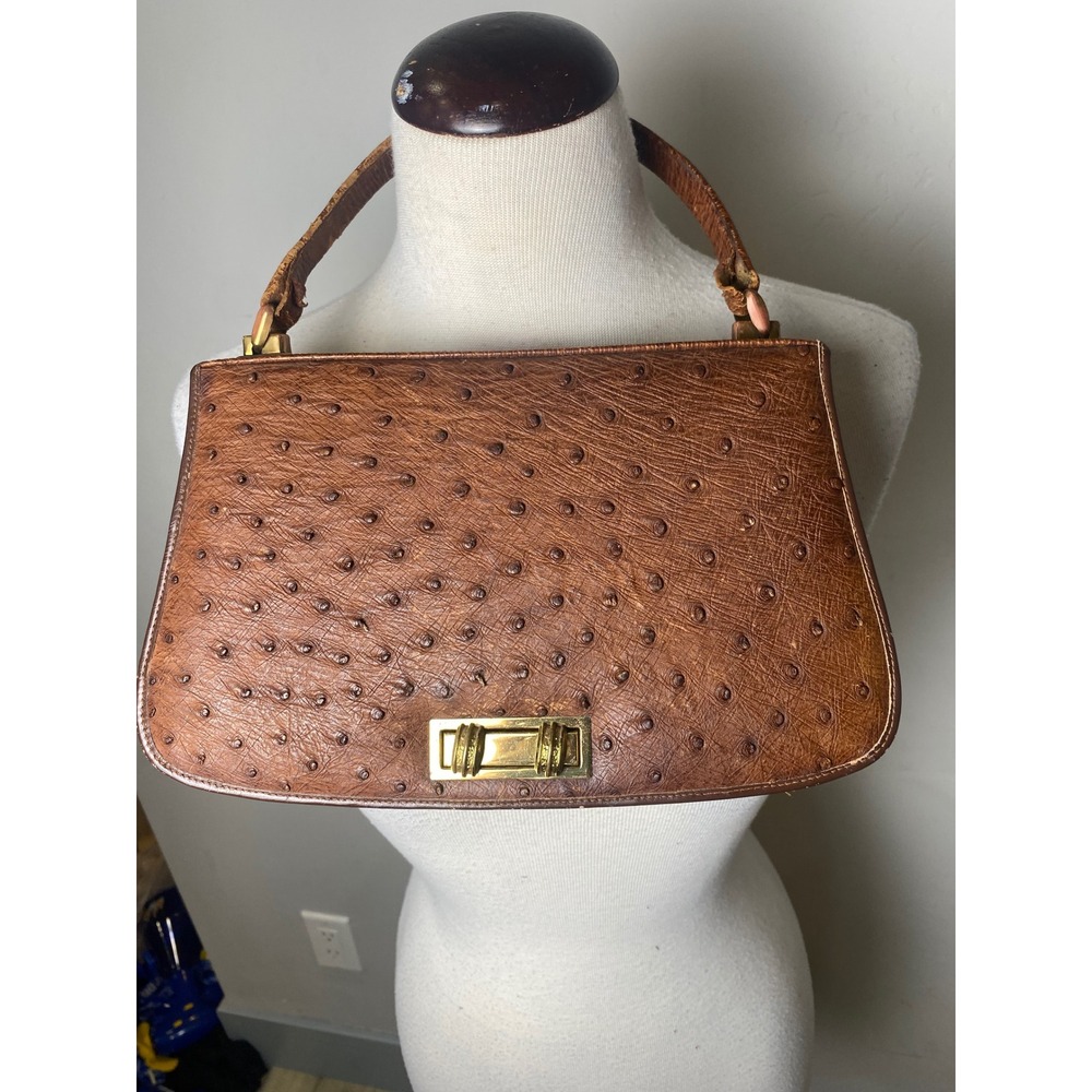 Vintage African Arts Mombasa Ostrich Leather Handbag Brown Top Handle Bag
